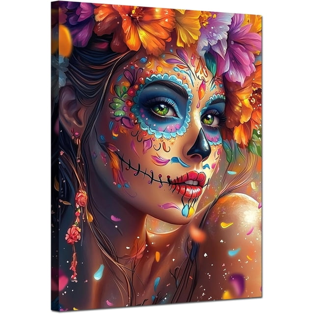 Mujer con Maquillaje Catrina y Corona de Flores, Arte del Día de los Muertos Mexicano, Cuadro en Lienzo para Decoración Interior