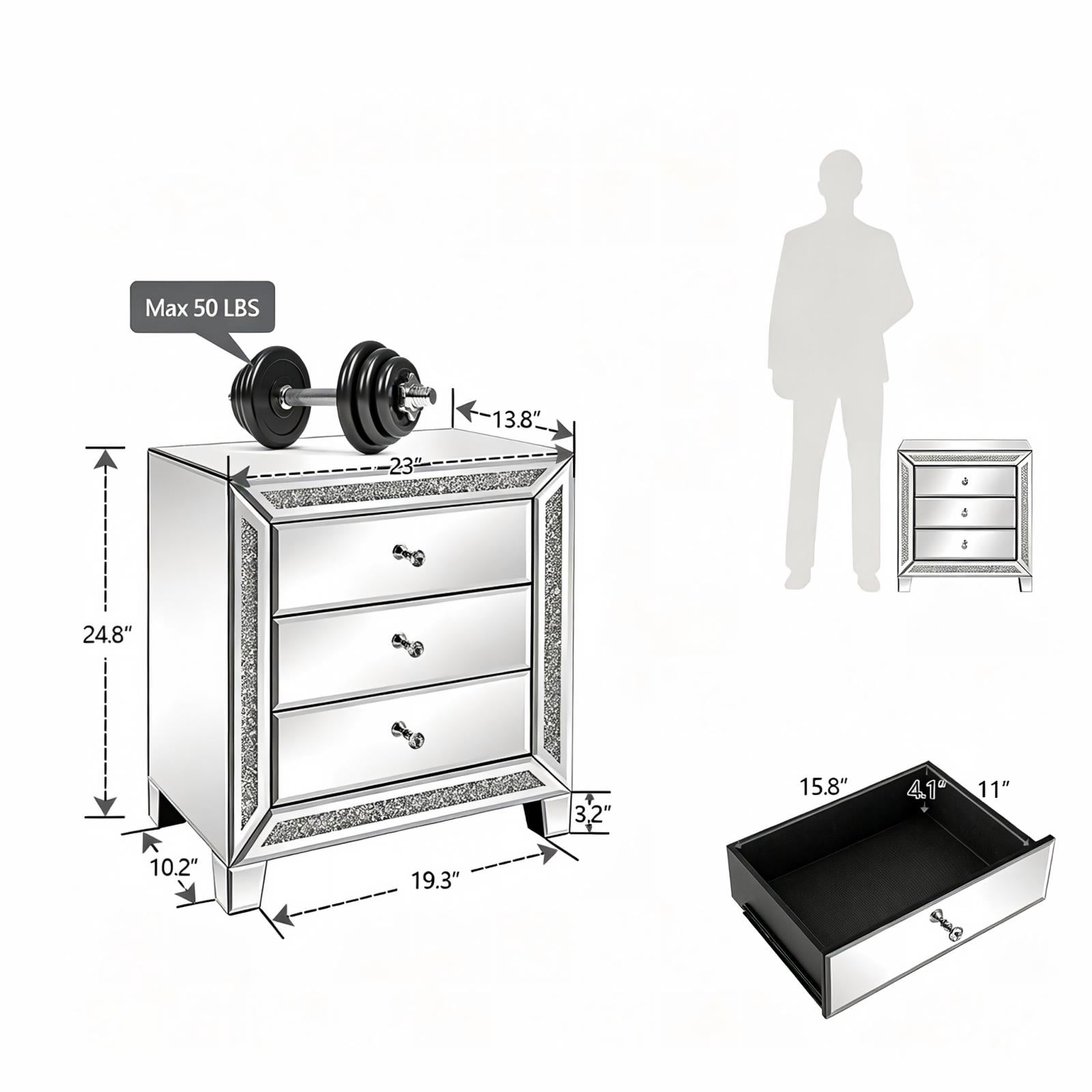 3-Drawer Mirrored Nightstand with Diamond Accents, MDF Bedside Table and Storage Cabinet, for Bedroom, Sofa Side, Entryway