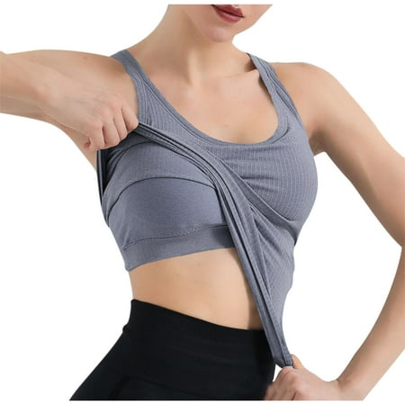 Spandex Rib Tank Top Built in Bra Women Sleeveless Racerback Padded Workout Yoga Tanks Casual Summer Clothes (Medium  Gray)