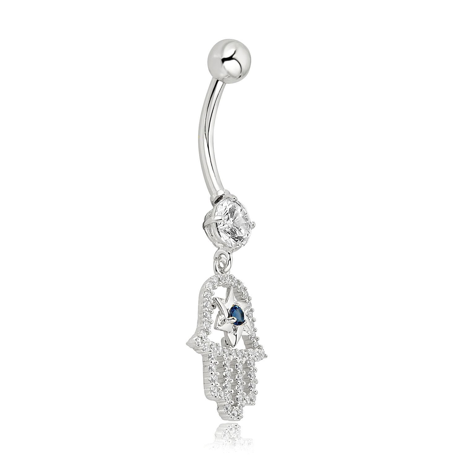 AVORA 10K White Gold Simulated Diamond CZ Dangling Hamsa Belly Button Ring Body Jewelry (14 Gauge)