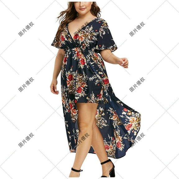 ICHUANYI Plus Size Stylish Women Floral Print V-Neck Short Sleeve Split Casual Dress Spring Summer New Trending 2024