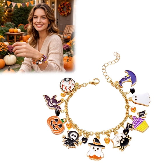 Halloween Charm Bracelet, Adjustable Gold-Tone Enamel Bracelet with Pumpkin Ghost Spider Bat Witch Hat Charms, Halloween Party Jewelry Gift for Women Girls