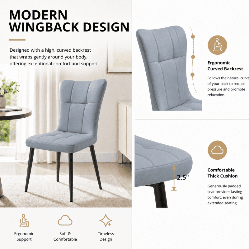 Euroco Upholstered Dining Chairs Set of 2, Modern Kitchen Chairs with High Backrest & Metal Legs for Kitchen Dining Room,Grey
