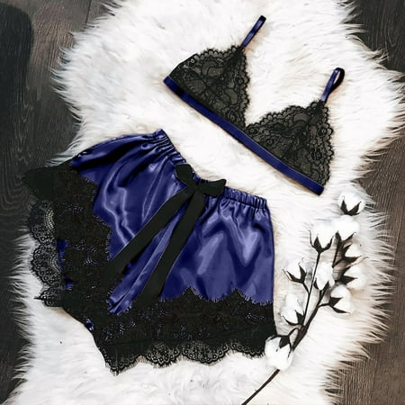 

Egmy Women V-Neck Eyelash Lace Sexy Stain Camisole Pajamas Bowknot Shorts Set