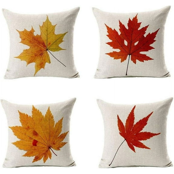 Fall Throw Pillow Covers 18x18 Set of 4 Decorative Thanksgiving Autumn Kitchen Home Decor Cushion for Porch Couch,Outside Outdoor Harvest Decorations Maple Leaves