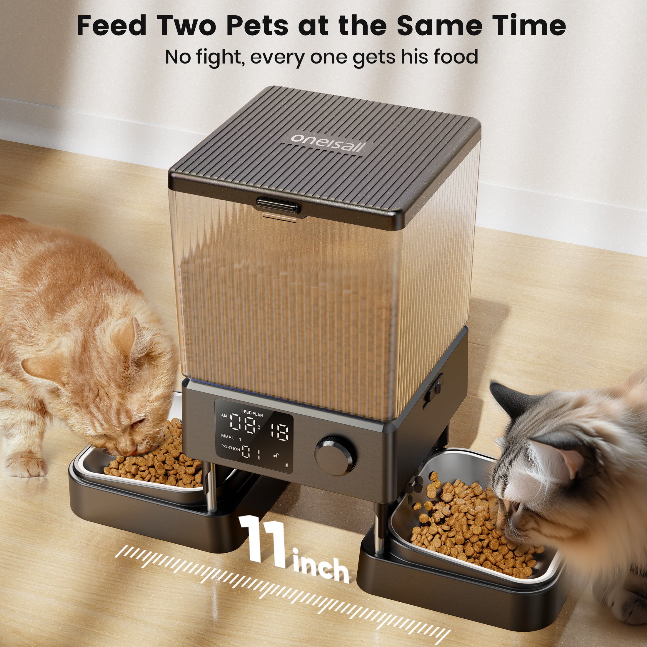 Oneisall 5L/20 Cups Automatic Cat Food Dispenser for 2 Cats/2 Small Dogs, PFD-002 Automatic Cat Feeder with 1 Desiccant Bag, Cat Feeders Automatic Cat Food, Timed Cat Feeder for Pet Dry Food - Black