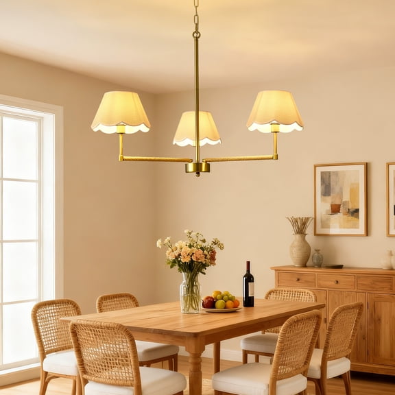 GDF Studio 3-Light Contemporary Chandelier, Fabric Shade Pendant Light, Adjustable Height, Gold