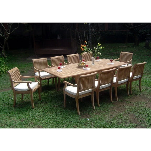 Teak Dining Set:10 Seater 11 Pc - 94" Mas Trestle Leg Double Extension Rectangle Table 10 Giva Arm / Captain Chairs Outdoor Patio Grade-A Teak Wood WholesaleTeak #WMDSGVn