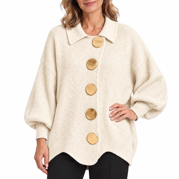Oversized Collared Button Cardigan, Loose Fit Knit Sweater with Metal Buttons for Fall Winter