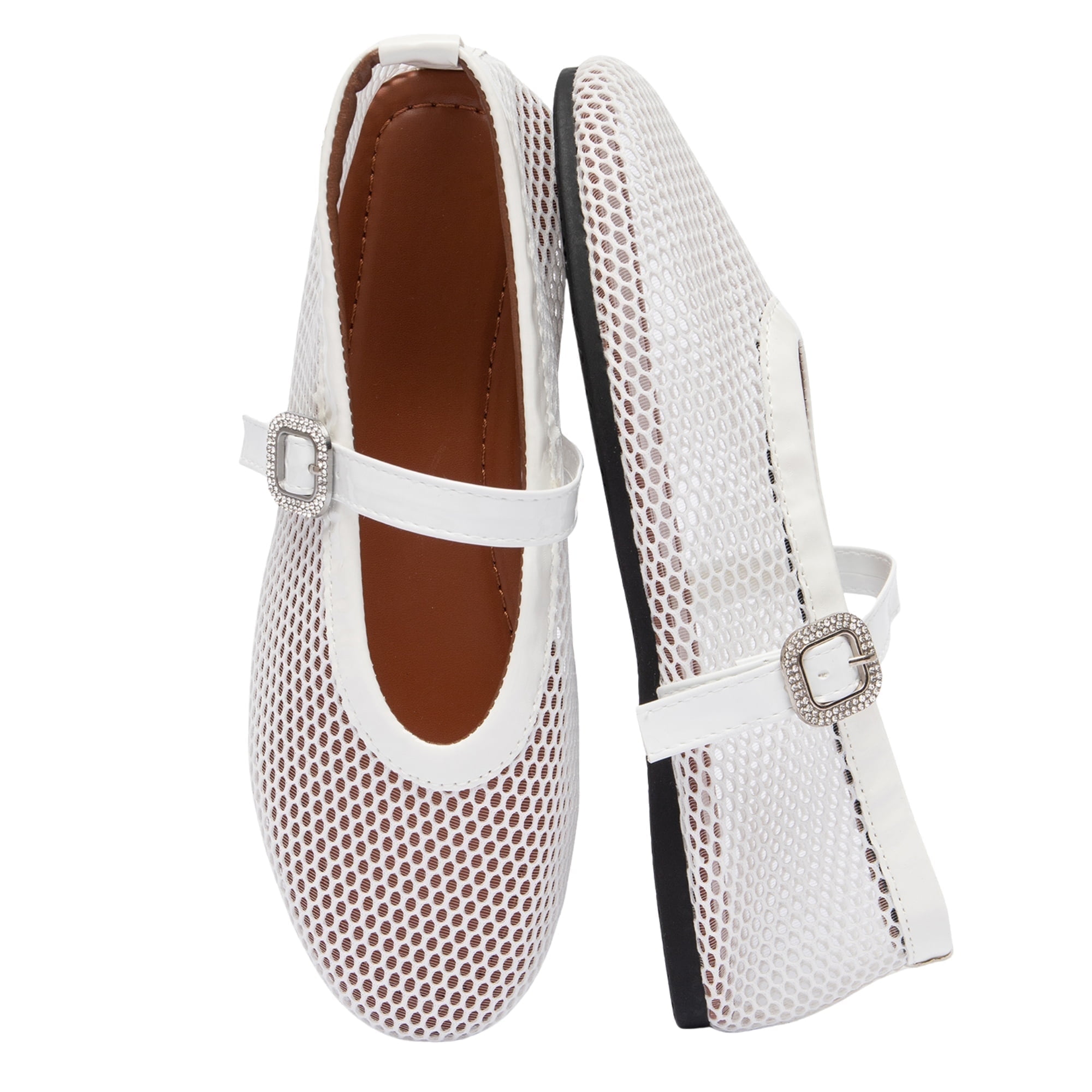BERANMEY Women's Breathable Mesh Ballet Flats Casual Shoes with Crystal Buckle Fashion Fishnet Mary Jane Flats for Work & Everyday