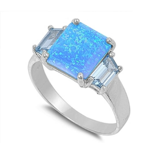 Princess Cut Center Blue Simulated Opal Ring Sterling Silver Size 10