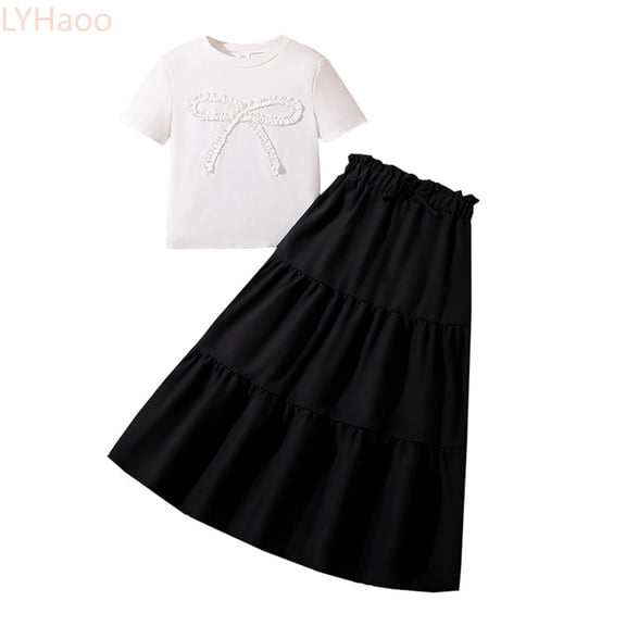 LYHaoo Summer Girls' Set Consisting Of A Large Sized Round Neck White Short Sleeved Blouse With Bow Tie And A Black Elastic Waist Full Length Skirt.,Girls Lace Dresses Sizes 8-9 Years White