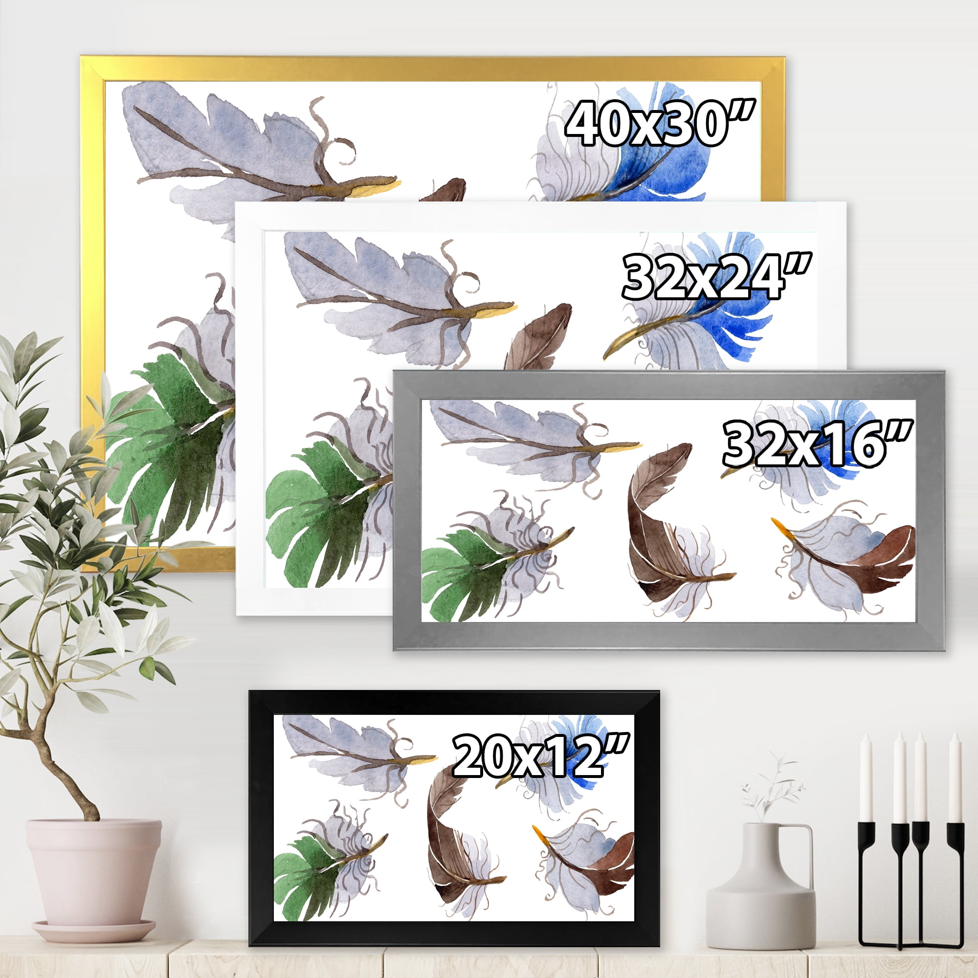 Designart 'Colourful Boho Feather Set On White IV' Bohemian & Eclectic Framed Art Print