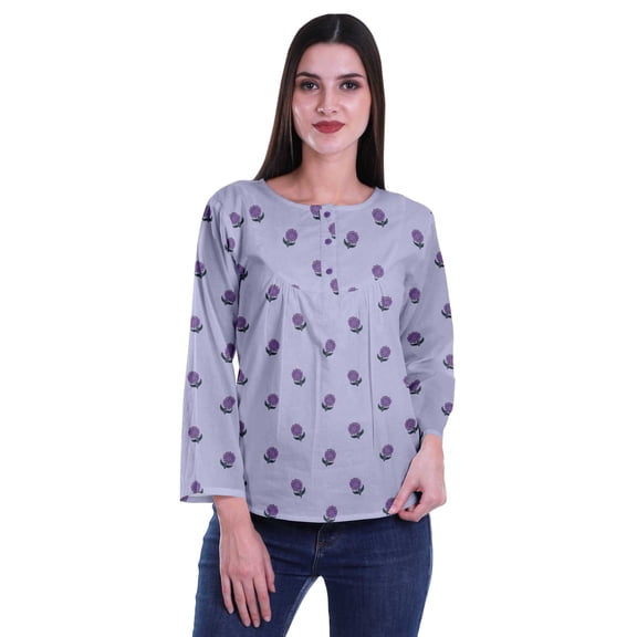 Moomaya Printed Button Placket Full Sleeve Top Round Neck WoMen's Casual Summer Tunic