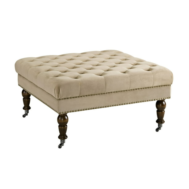 Velvet Upholstered Square Tufted Ottoman With Casters Beige And Brown
