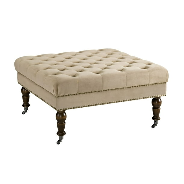 Velvet Upholstered Square Tufted Ottoman with Casters, Beige and Brown