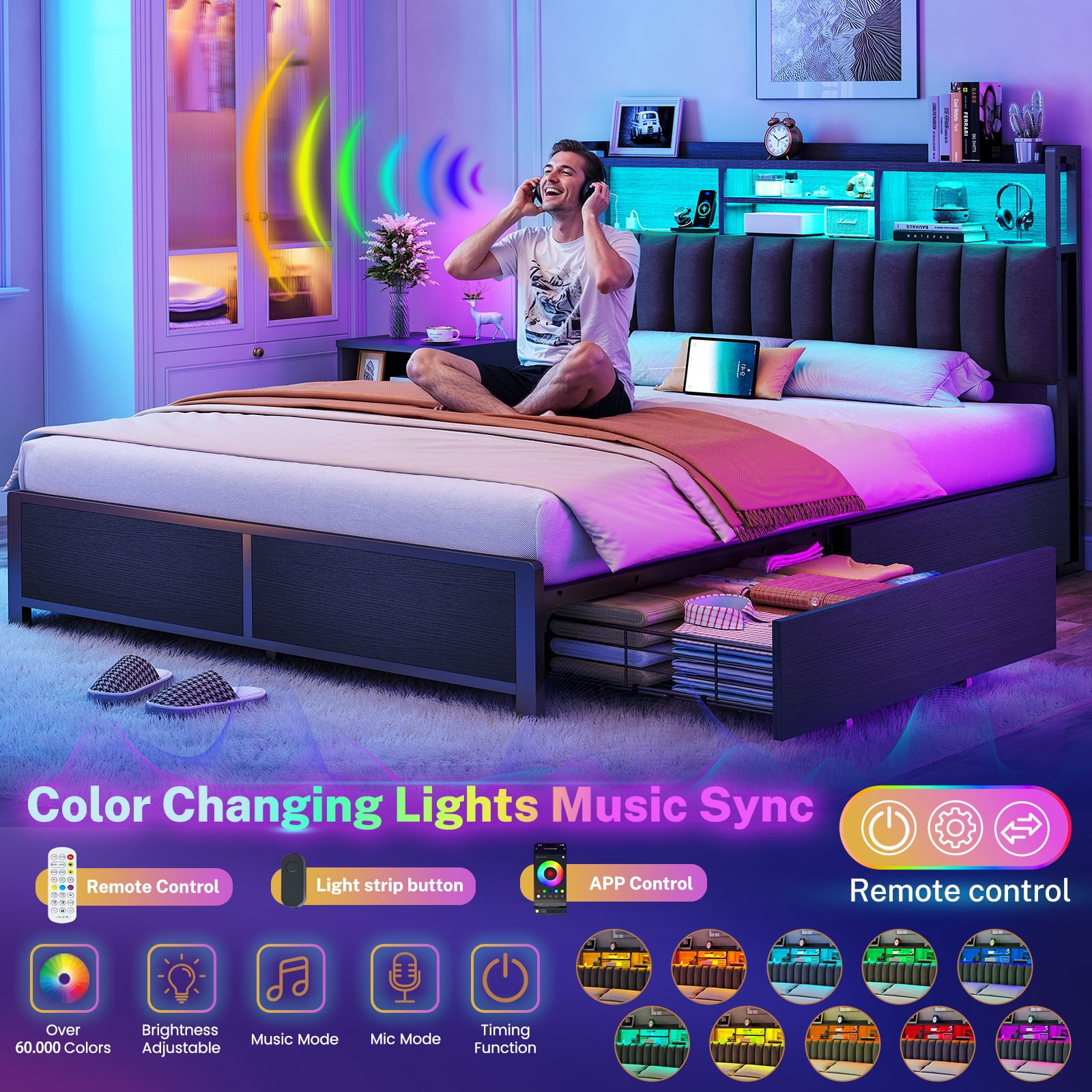 TEENFON Queen Bed Frame with Charging Station & LED Lights, Bed Frame Queen Size with 4 Storage Drawers, Upholstered Headboard with Shelves, Black, Noise Free