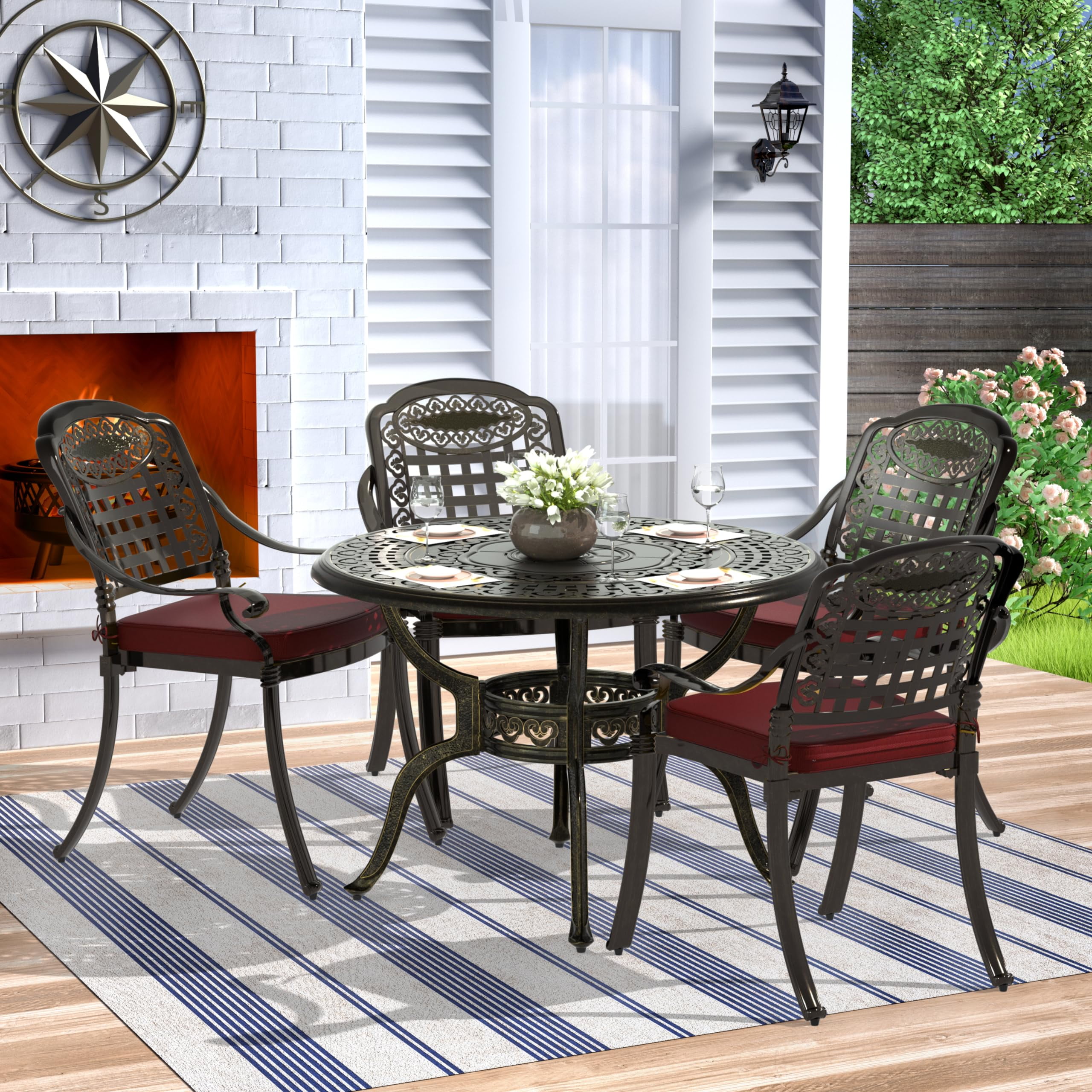 MEETWARM 5 Piece Patio Dining Set, Outdoor All-Weather Cast Aluminum Dining Table Set, Patio Furniture Set for Backyard Garden Deck, Include 4 Chairs, 4 Cushions and 1 Round Table, Chili Red
