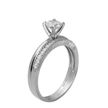 - 1.00 Ct 14K Real White Gold Round Cut Ring with Matching Band Round Pave Set Stones Engagement Wedding Propose Promise Ring Band Duo Set