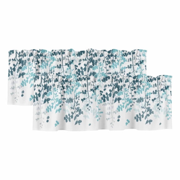 2 Pack Teal Blue Leaves Valances for Windows Bedroom Living Room Window Treatments, Summer Botanical Rod Pocket Valance Drapes Short Kitchen Curtains Over Sink 42"x18"
