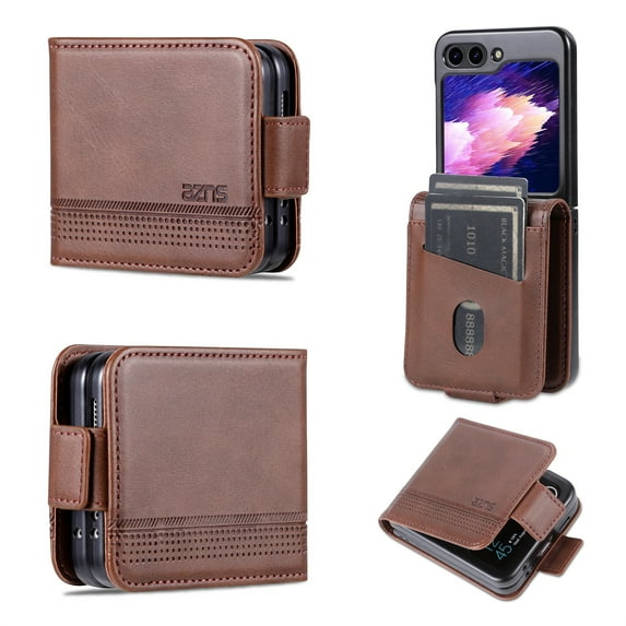 SaniMore for Samsung Galaxy Z Flip 5 Case (6.7-inch 2023), Compatible with Samsung Z Flip 5 Magnetic Wallet Phone Cover with Card Slot Holder Shockproof PU Leather Purse Handbag Shell, Brown