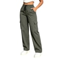 thumbnail image 3 of Athletic Cargo Pant For Womens Liweisiy Drawstring Elastic Waisted Straight Leg Loose Pants Camping Outdoor Trousers With Zipper Pockets Army Green L, 3 of 9