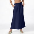 thumbnail image 4 of Yucgh Women's Solid Color Fishtail Split Skirt with Elastic Waist & Side Pockets, Swing Maxi Skirt, Casual Linen Blend Beach Skirt for Summer,Navy,L, 4 of 7