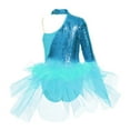 thumbnail image 4 of iiniim Kids Girls Sequin Ballet Dance One Shoulder Long Sleeve Gymnastic Leotard Jazz Dress Blue Green 6, 4 of 7