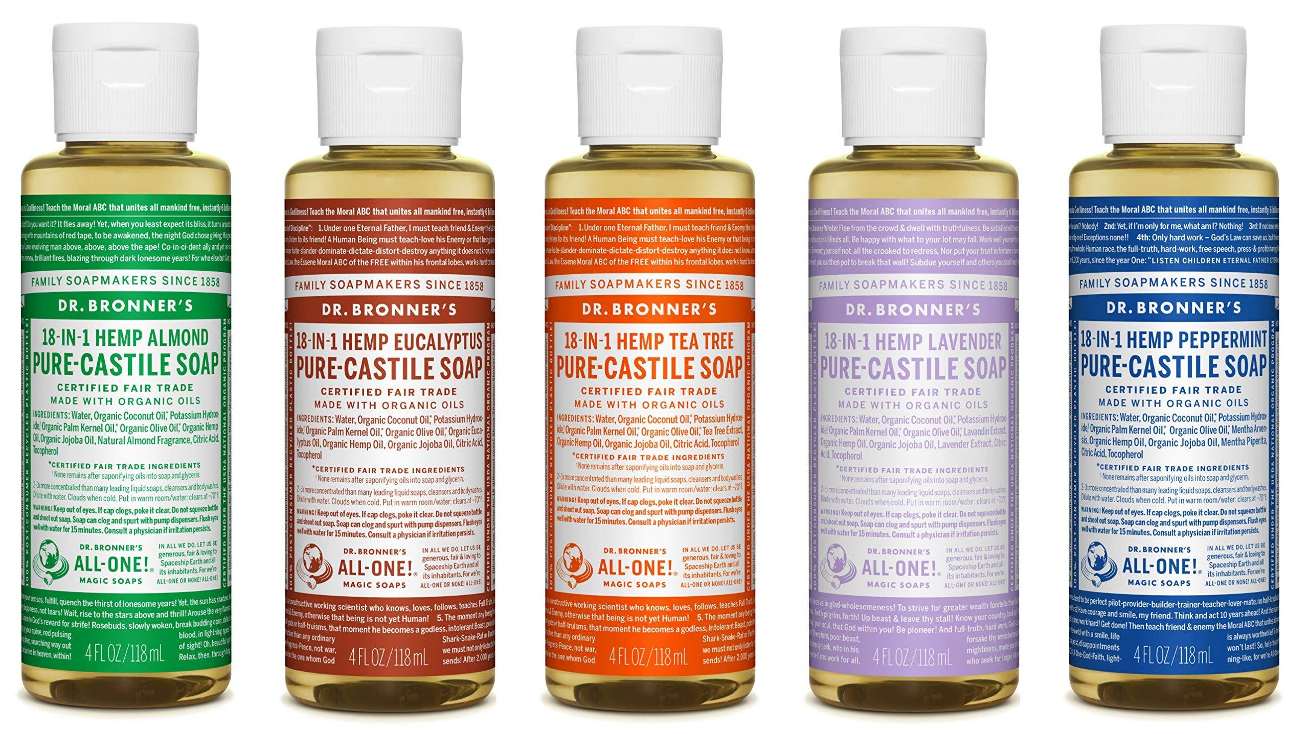 Dr. Bronner's 4 Ounce Sampler 5 Piece Gift Set. 5, 4 Ounce Castile Liquid Soaps in Almond
