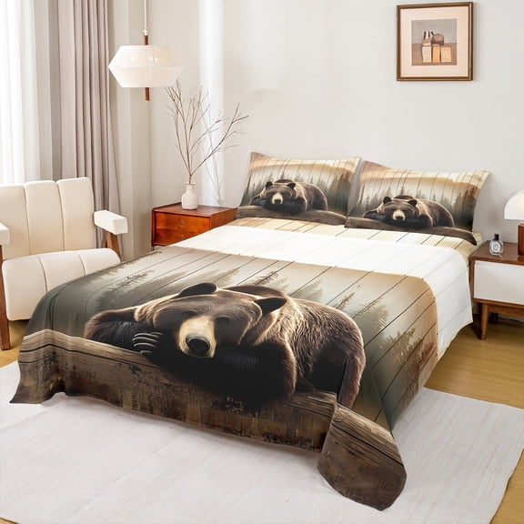 Manfei Brown Bear Queen Sheet Sets 4 Pieces, Wild Woodland Animal Flat Sheet, Retro Farmhouse Lodge Cabin Queen Fitted Sheet, Ultra Soft Home Decor