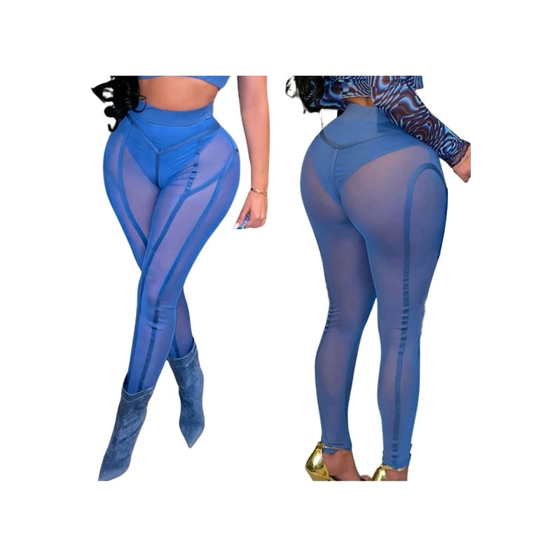 Qiylii Women Sheer Mesh Leggings Sexy See-Through High Waist Tight Pants  Stripe Patchwork Stretchy Pants Bodycon