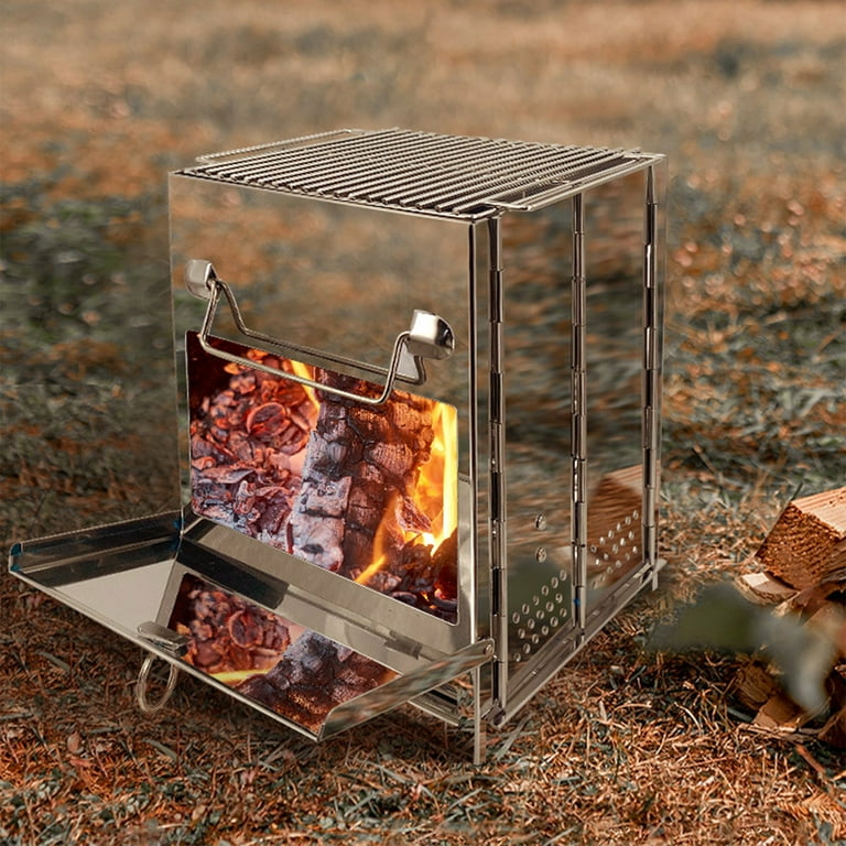 Dengmore Camping Stove Portable Charcoal Grill Stainless Steel Folding Wood Burning Stoves for Picnic BBQ Camp Hiking with Grill Grid Outdoor Tabletop
