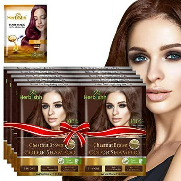 Herbishh Champú tinte capilar con Mascarilla capilar de argán 10+1pack (Café Castaño)