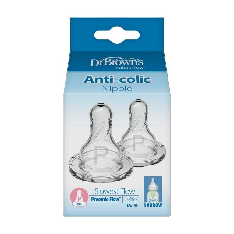 Dr. Brown's Natural Flow Preemie Flow Narrow Baby Bottle Silicone Nipple,  Slowest Flow, 0m+, 100% Silicone Bottle Nipple, 2-Pack 
