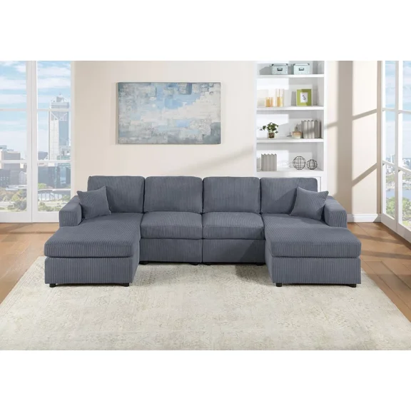 Dark Gray Corduroy Upholstered 2pc Sectional Sofa Living Room Set LAF and RAF Chaise Armless Loveseat Plush Couch