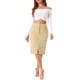 thumbnail image 2 of Falda de mezclilla midi A-line de mujer INSPIRE CHIC, con cintura alta, abertura frontal, stretch, talla XL, color caqui claro, 2 of 6