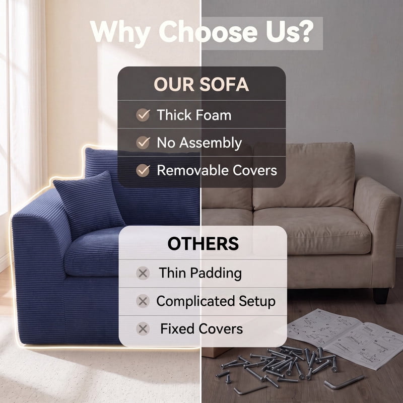 Gewnee Loveseat Sofa, Modular Cloud Couch, Corduroy 2 Seater Sofa with Removable Covers, No Assembly Required,Navy Blue
