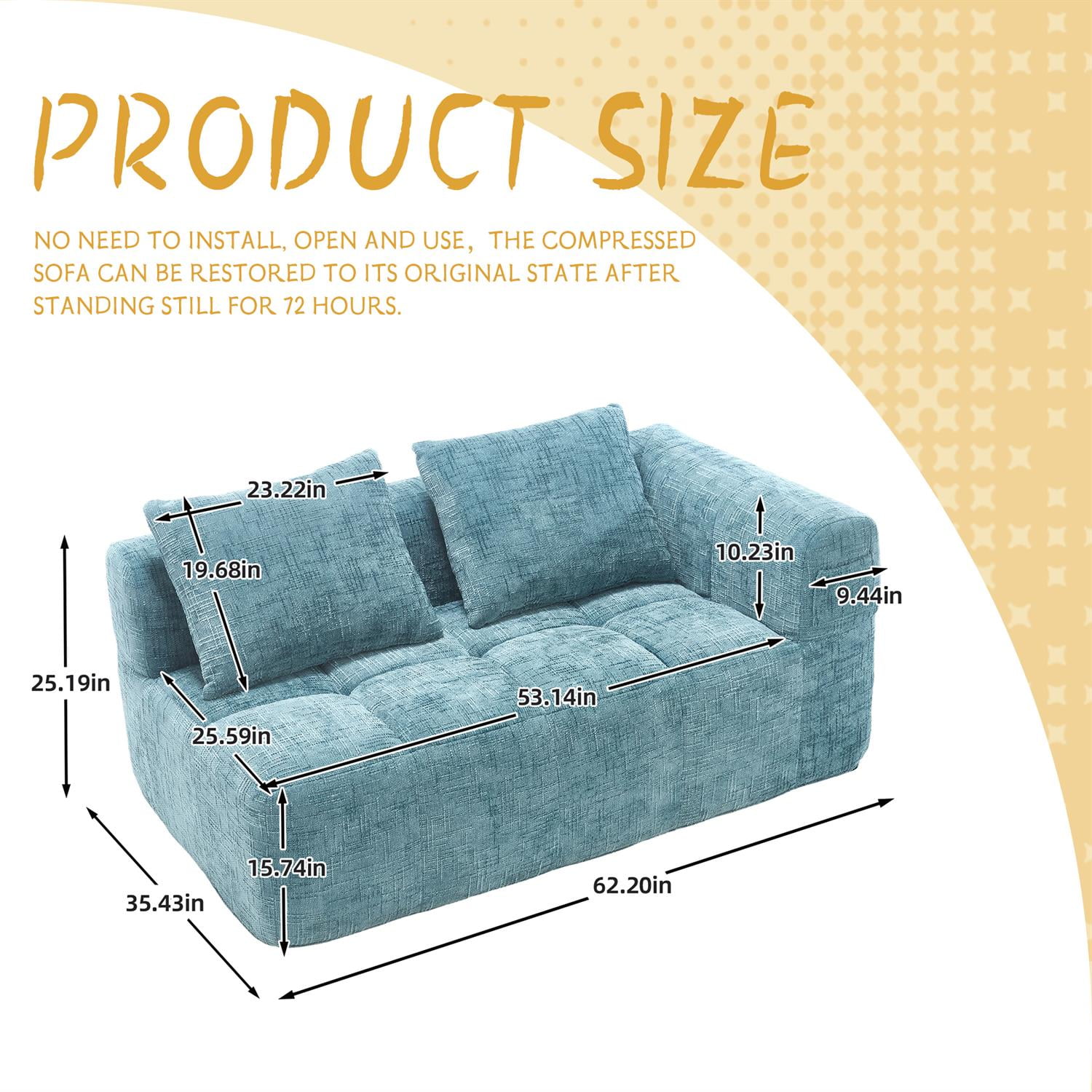 Demi Bonn 62" Plush Chenille Loveseat Sofa, Modular Sleeper for Living Room, Bedroom, Apartment Lounge, Stylish & Comfortable Couch, Blue