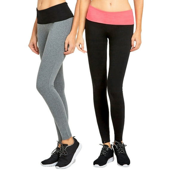 "Women's Cotton Stretch Ankle Length Slim Fold-Over Tight Leggings // Two-Tone (2PK: Black/Coral), Size: S"
