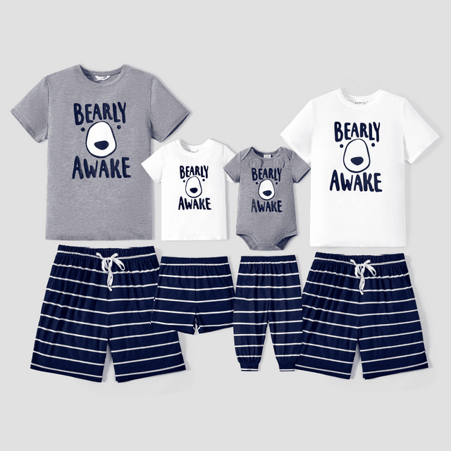 PatPat Pyjamas Assortis pour la Famille « Early AWAKE » avec Visage d'Ours à Rayures (Résistant aux Flammes)