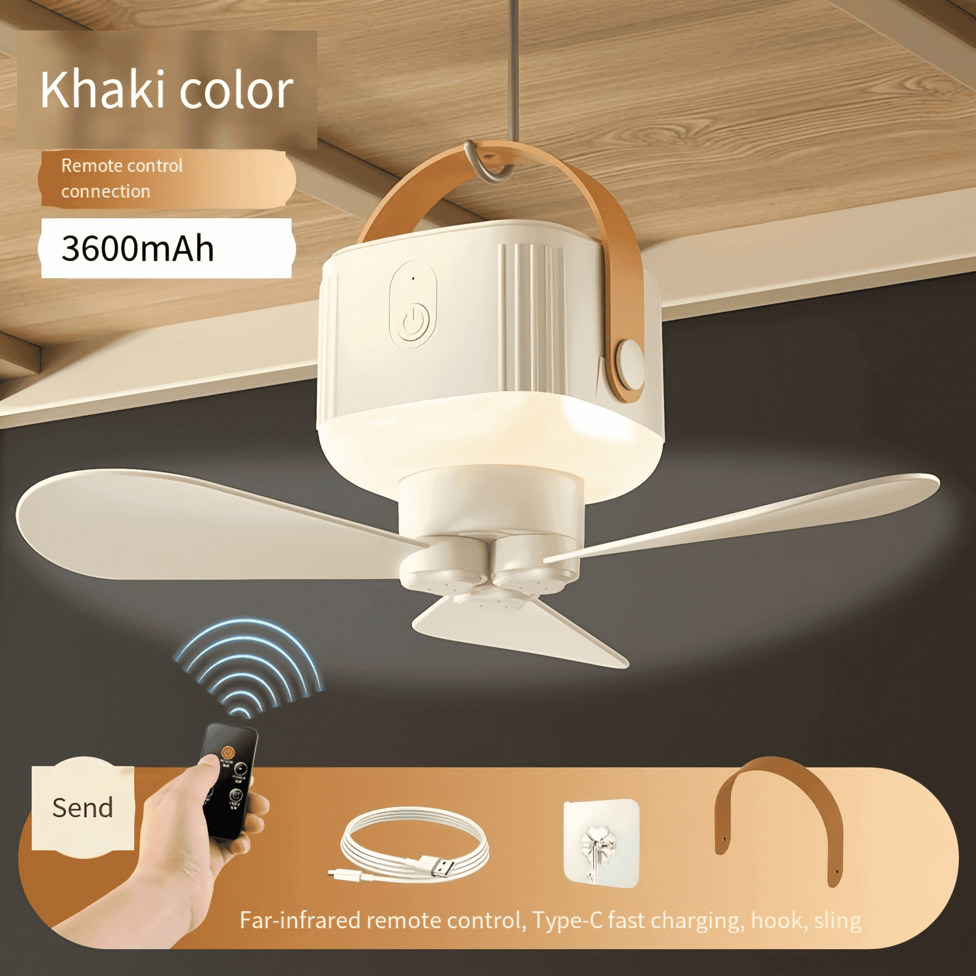 Outdoor Camping Tower Fan with LED Lantern, 3-Speed Portable Rechargeable Tent Fan, USB & Remote Control