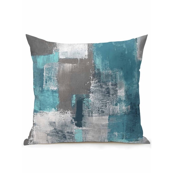 Waterproof Outdoor Throw Pillows with Inserts 18"x18", Turquoise Grey Soft Decorative Pillowcases for Couch Bedroom, Abstract Square Graffiti Modern Smear Pillow Covers for Sofa Living Room