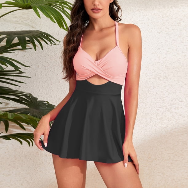 Augper Women's 2025 Spring Fashion Swim Skirt Solid Color Large Size Suspender Swim Skirt