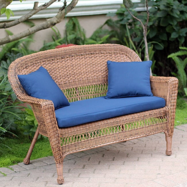 Jeco Honey Wicker Patio Loveseat with Cushion and Pillows