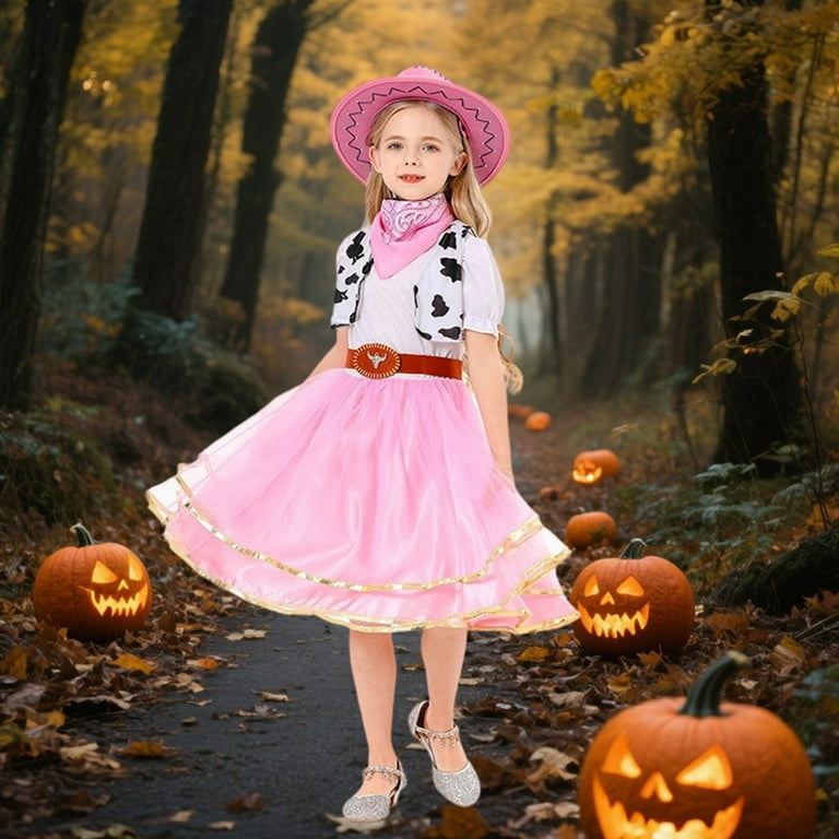 Fyduu Cowgirl Outfits for Girls 4pcs Set Toddler Kids Birthday Halloween Party Dress Up Outfit with Cow Girl Hat Set Vintage Casual 8-10 Years