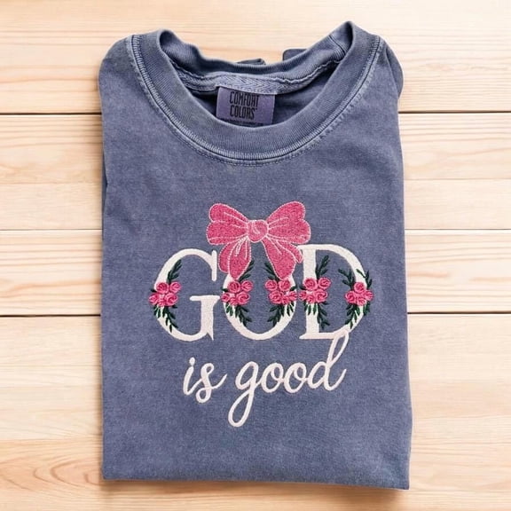 God is Good Embroidered t-shirt, embroidered bows and flower
