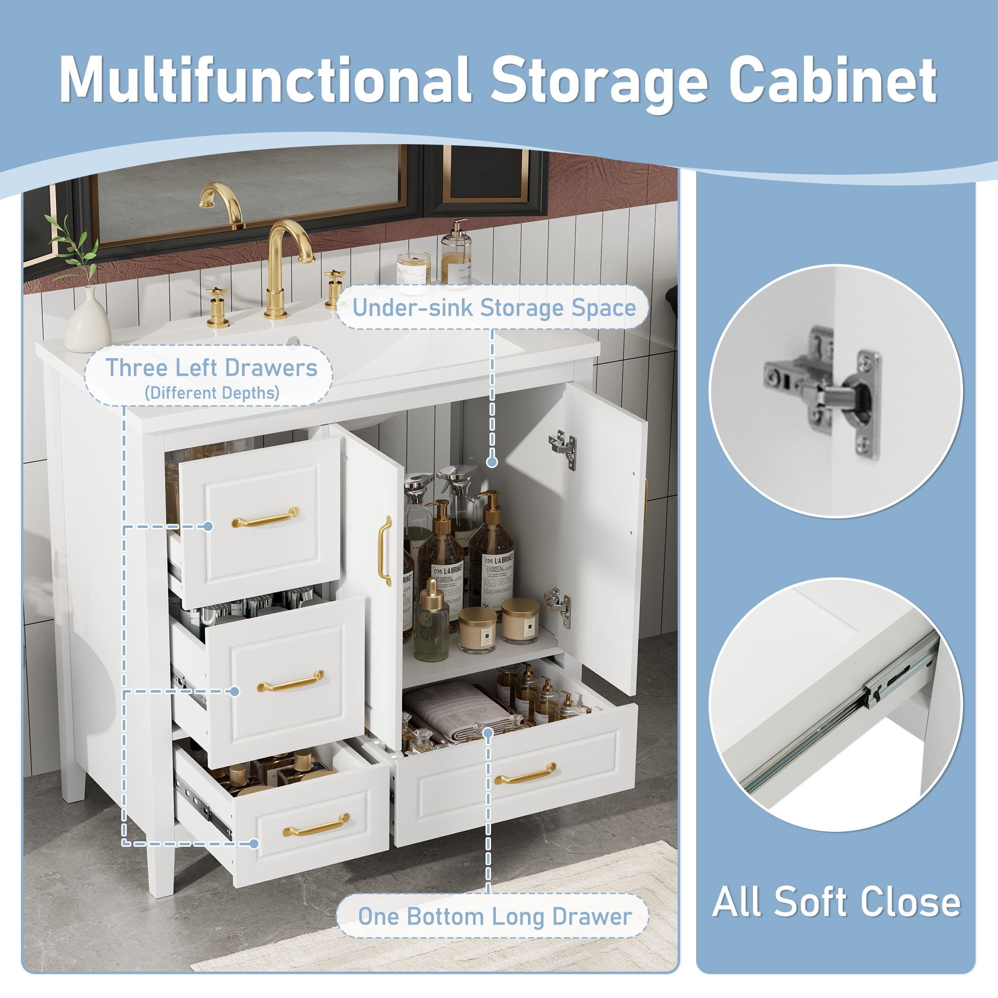 Euroco 36-Inch Freestanding Bathroom Vanity with Resin Sink, Soft-Close Drawers and Cabinet, Gold Handles, Open-Back Design