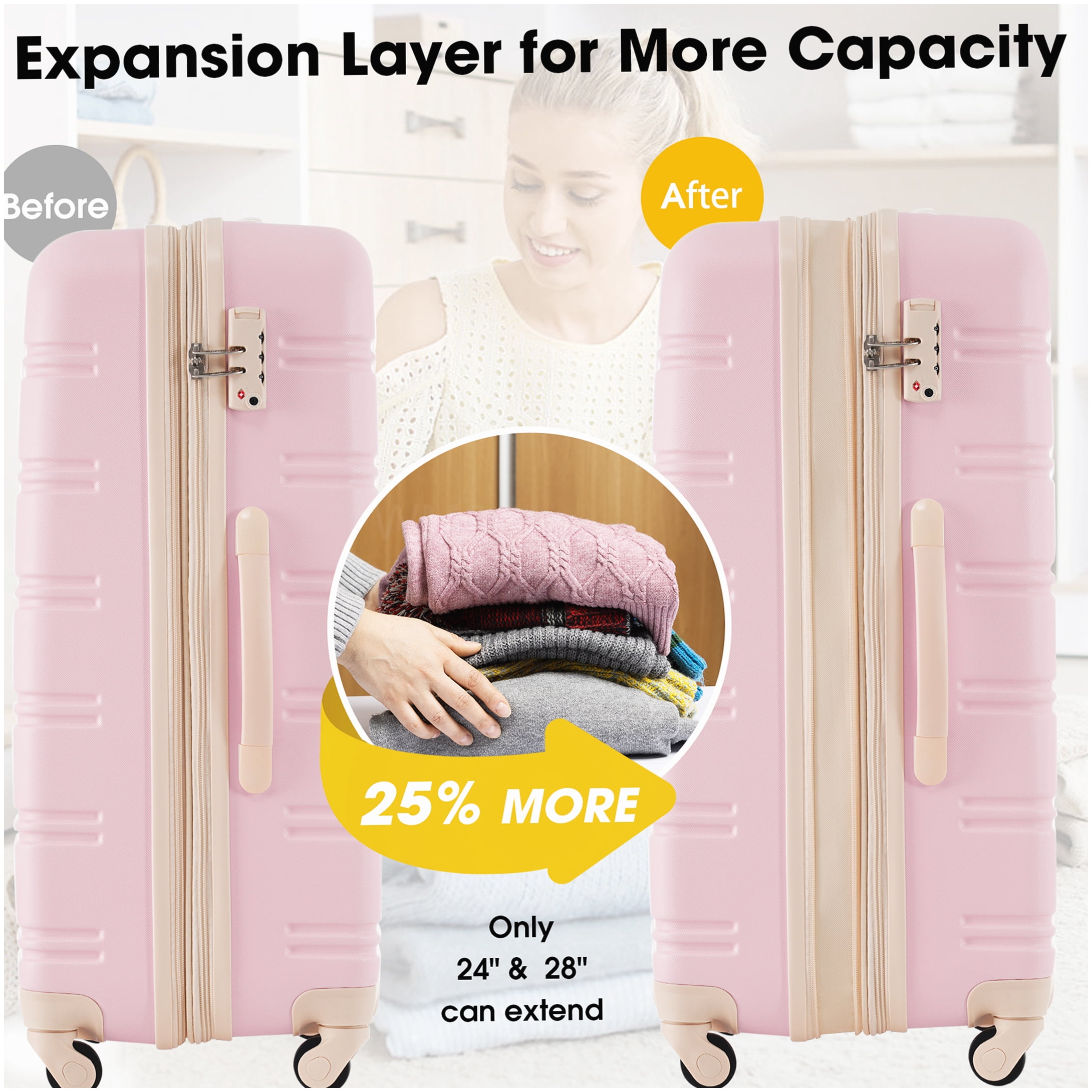Expandable Light Pink 3-Pc Hardside Spinner Luggage Set with TSA Lock