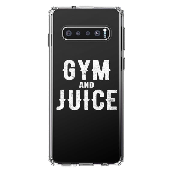 DistinctInk Clear Shockproof Hybrid Case for Samsung Galaxy S10 (6.1" Screen) - TPU Bumper Acrylic Back Tempered Glass Screen Protector - Gym And Juice