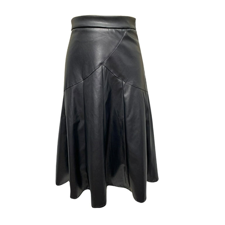 Black Pleated Faux Leather Midi Flared Skirt Pleated Faux Leather